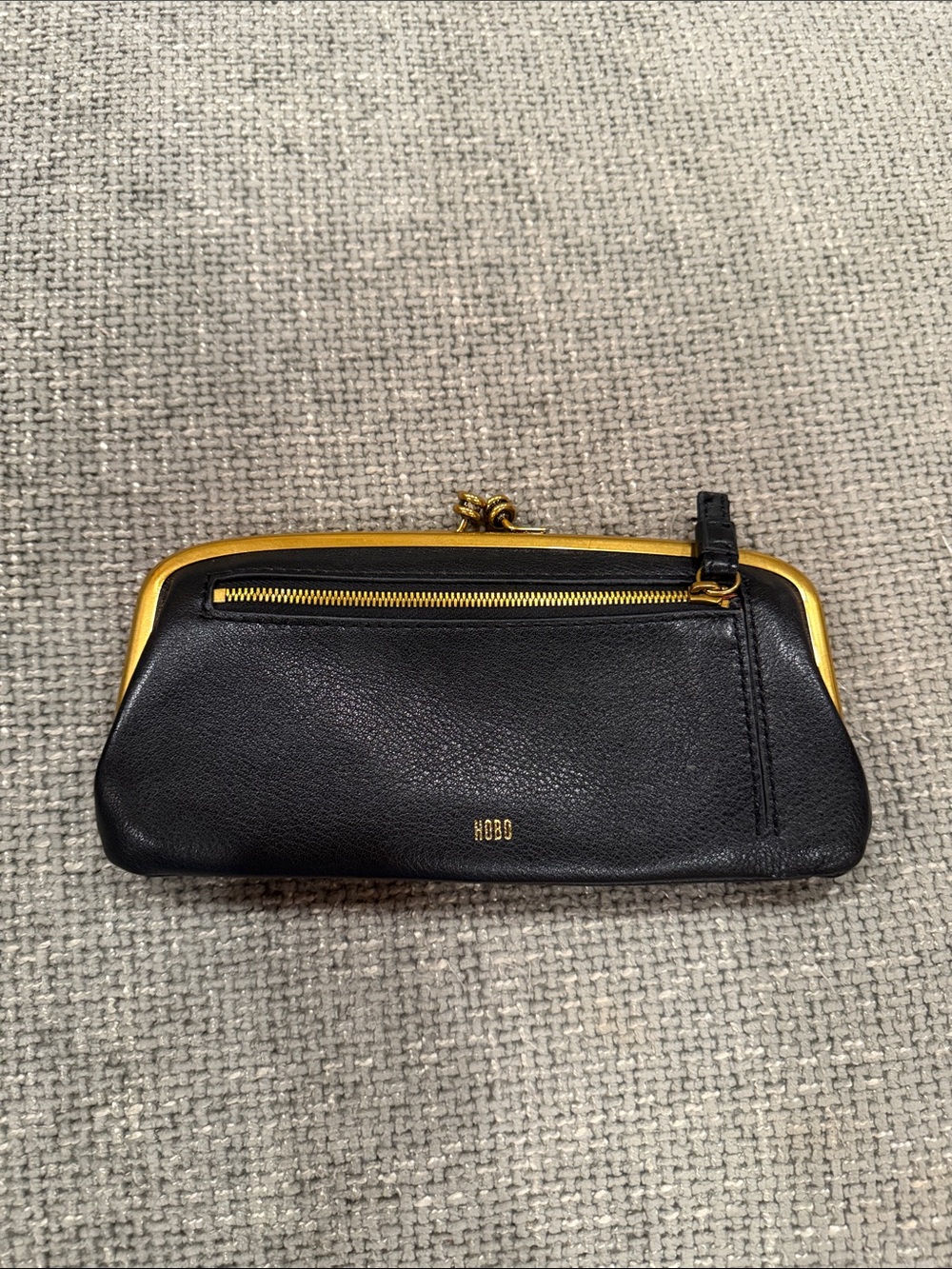 HOBO Black Leather Clutch with Gold Frame Trim